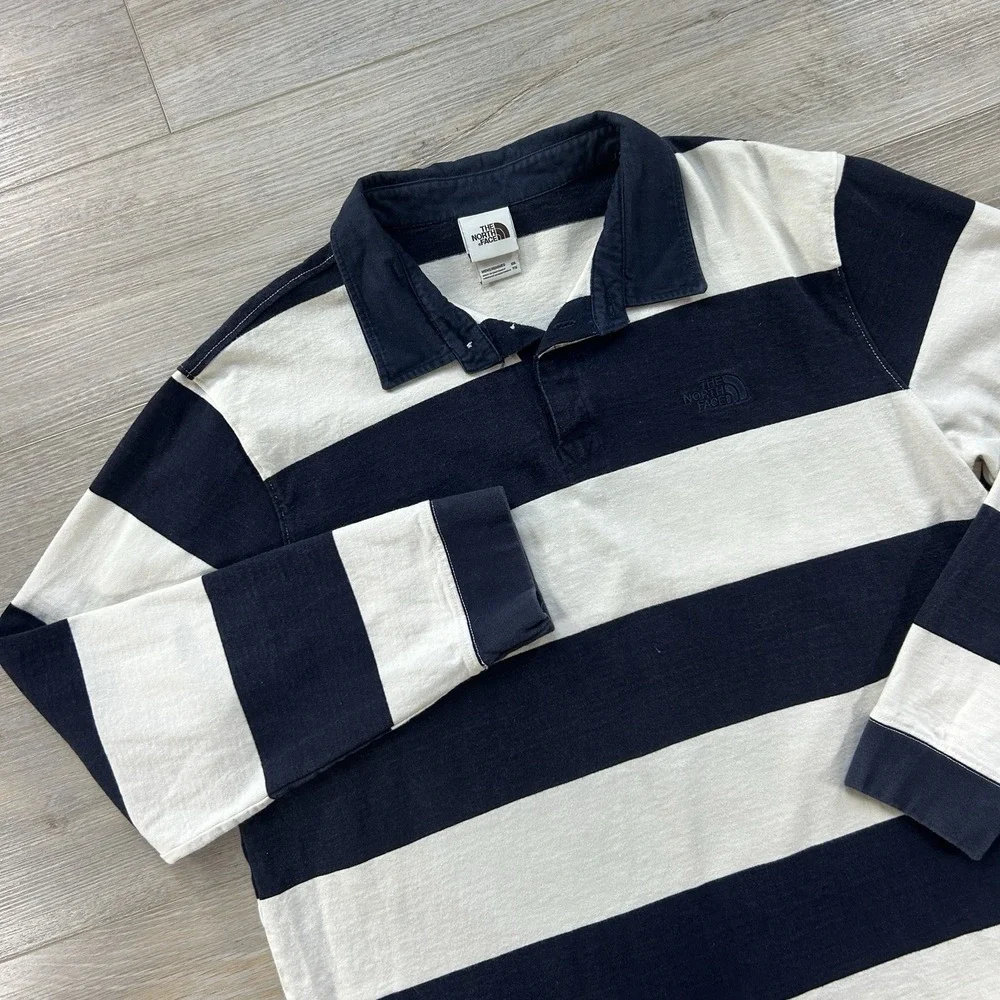 The North Face Rugby Polo Mens XXL Navy Ivory Striped Long Sleeve Cotton Shirt